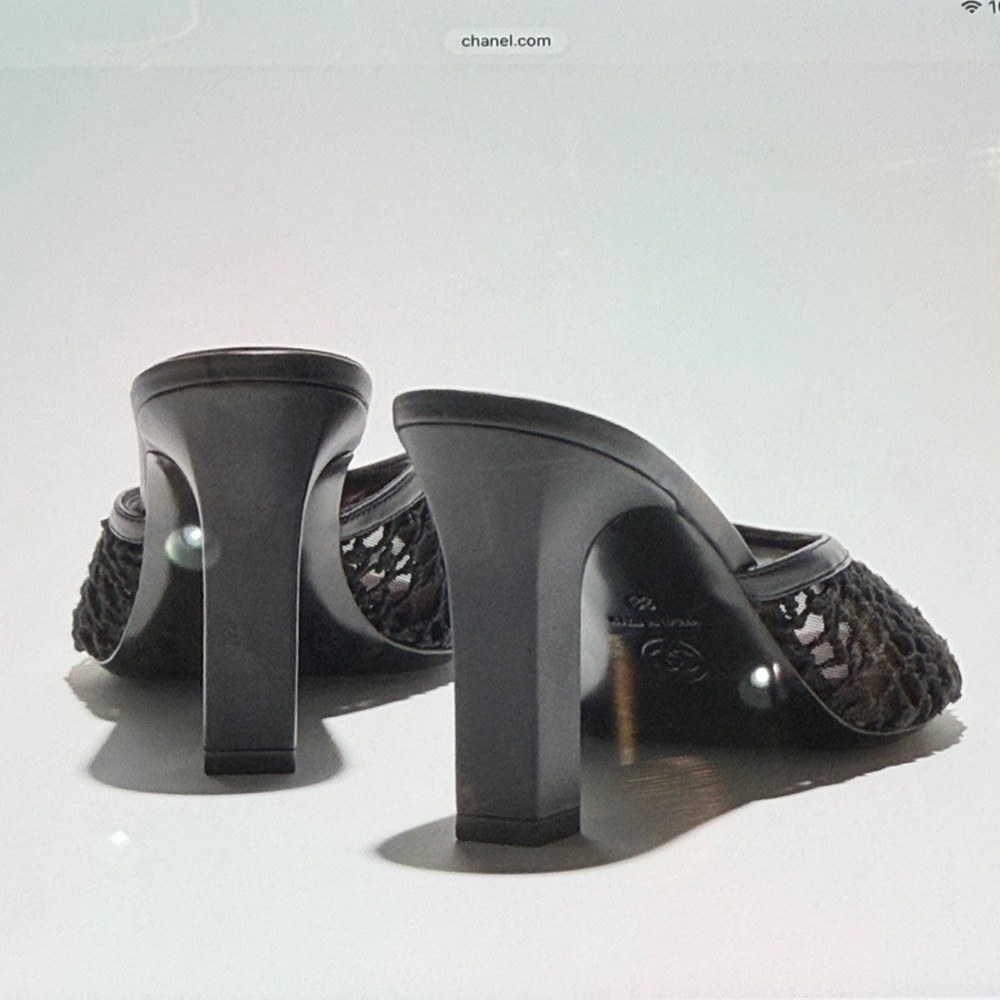 CHANEL Black Mesh Open-Toe Mule Heels with Burgundy Insole - Picture 3 of 5